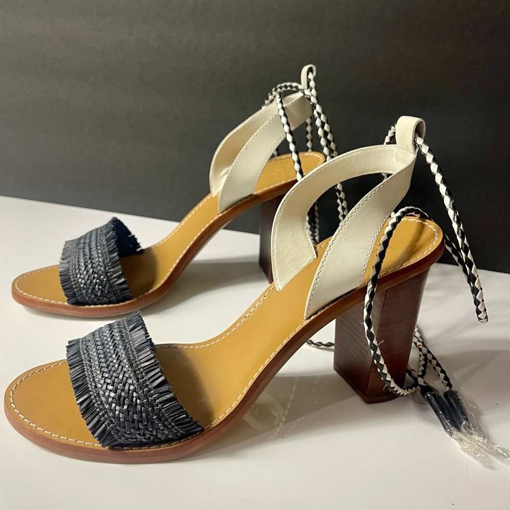 New J. Crew raffia ankle tie high heel sandals , size 10 , white and navy blue